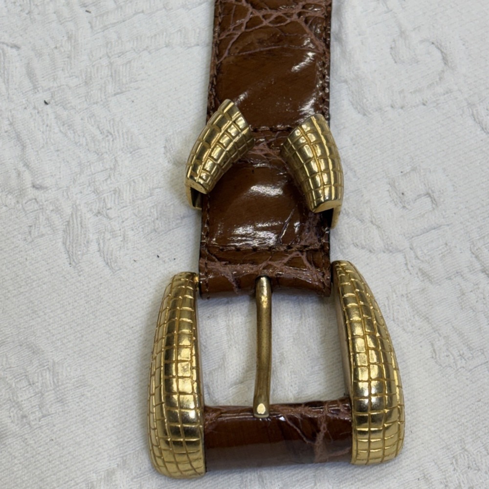 Vtg Crisca Brass Gold Look Metal Real Leather Women's Belt 36 Crocodile Pattern